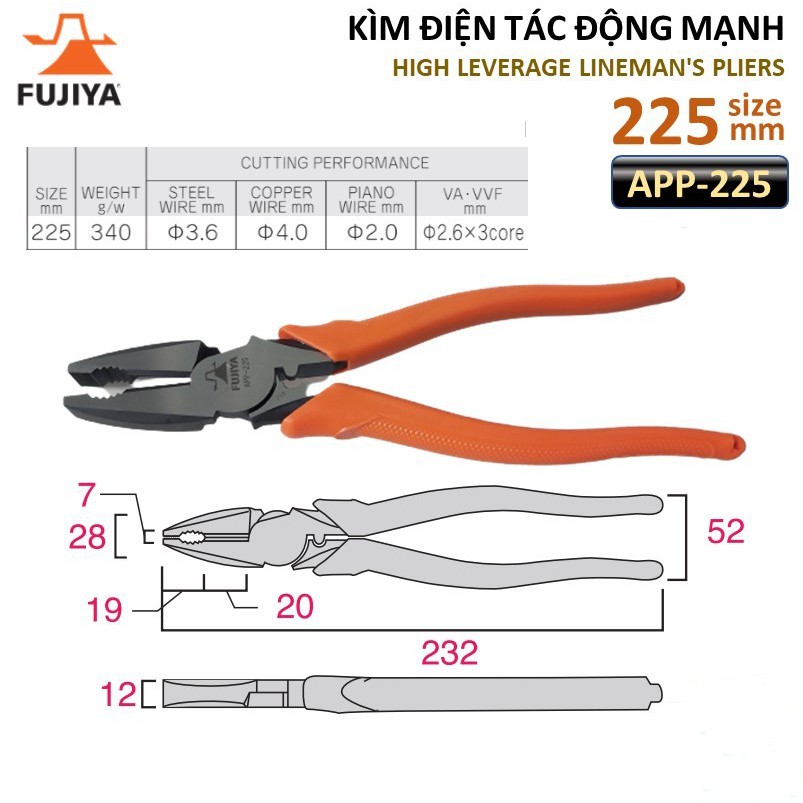 Kìm Điện Tác Động Mạnh Kèm Bấm Đầu Cos Fujiya 9/225mm