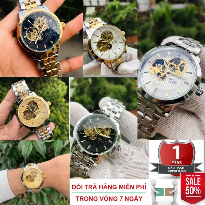 Đồng Hồ Cơ Nam Byino, Dây Kim Loại Cao Cấp, Mặt Đá Saphia Chống Trầy, BH 12 Tháng