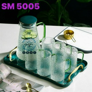 Bộ bình đựng nước uống có khay sứ và 6 cốc dáng cao thủy tinh sần chịu nhiệt cao cấp
