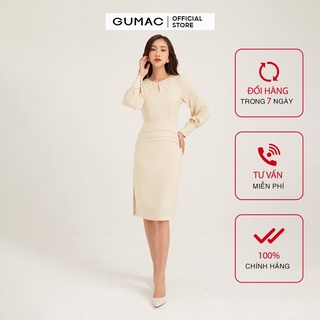 Đầm nữ ôm body GUMAC tay dài xếp tùng cao cấp màu kem, đủ size DB1125