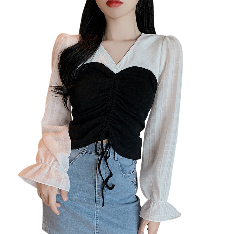 Áo tay dài cổ chữ V thiết kế dây rút phong cách Hàn Quốc trẻ trung cho nữ