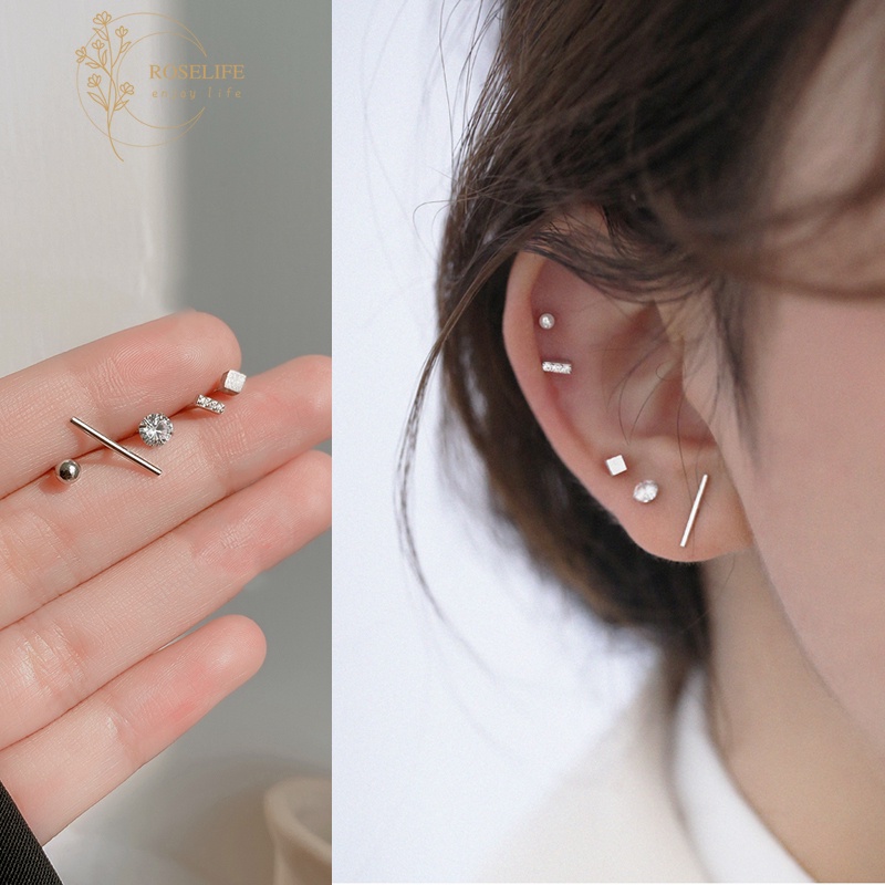 Set 5 Khuyên Tai Bạc S925 Đính Đá Pha Lê Chống Dị Ứng Cho Nữ