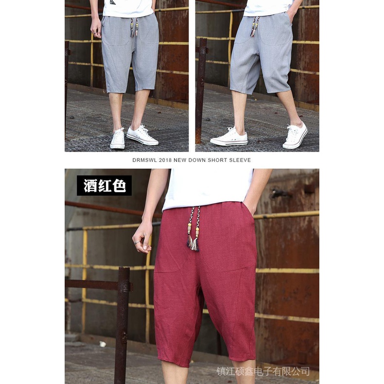 Quần Lửng Cotton Lanh Mỏng 6 Tấc Dáng Rộng Phong Cách Trung Hoa Cho Nam 7-Quarter