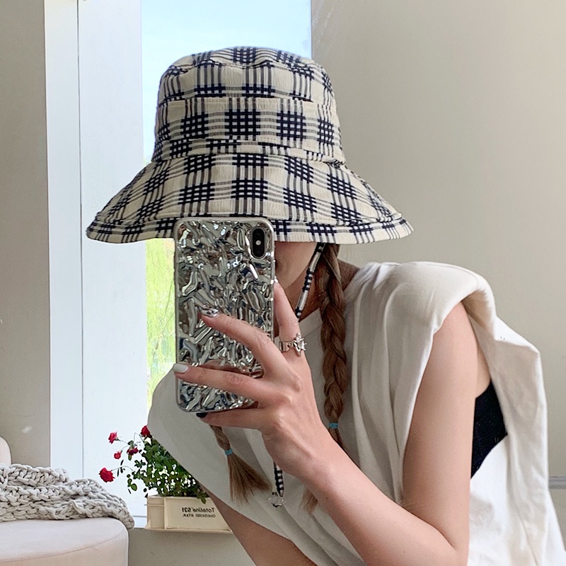 Nón Bucket Rộng Vành Họa Tiết Sọc Caro Phong Cách Nhật Bản Thời Trang Mùa Hè Cho Nữ