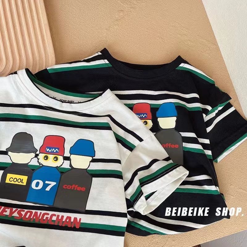[Hàng Sẵn Sàng!!]Áo Thun Cotton Ngắn Tay Họa Tiết Hoạt Hình Kẻ Sọc Nhiều Màu Thời Trang Mùa Hè Cho Bé Trai
