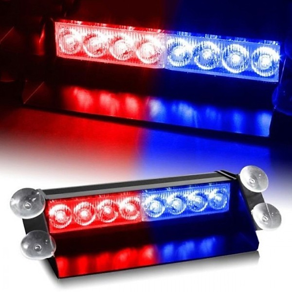 Đèn chớp Police xanh đỏ 12V 8W 8 LED gắn kính lái cho xe cảnh sát, xe ưu tiên