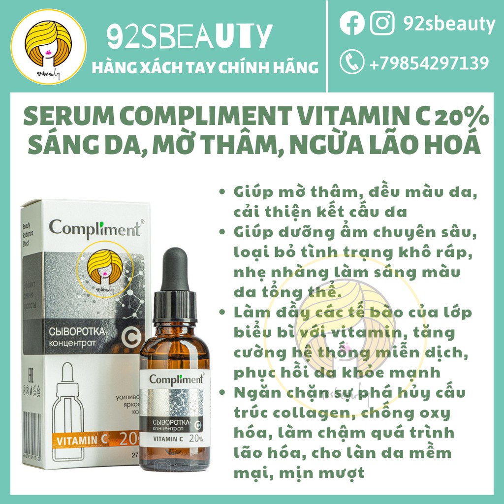 Serum Compliment Vitamin C 20% sáng da, mờ thâm, ngừa lão hoá