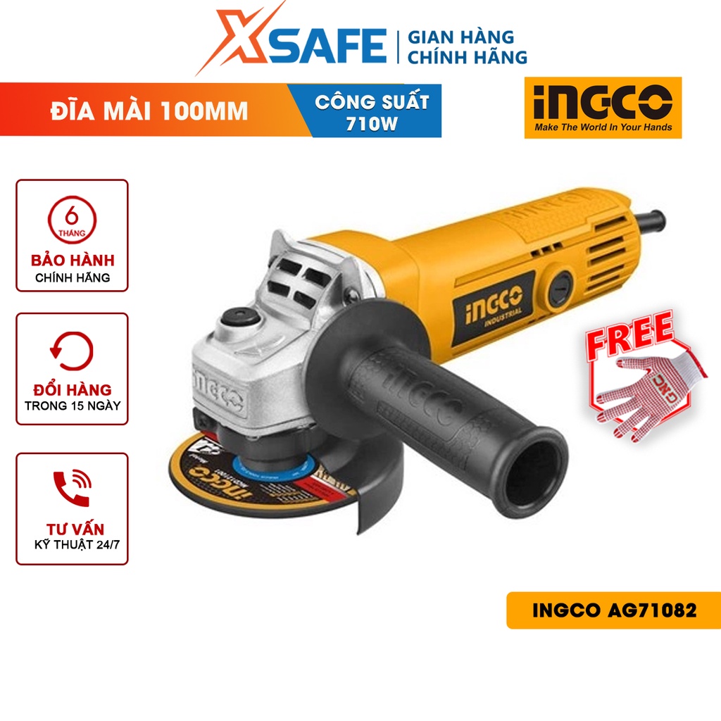 Máy mài góc INGCO AG71082 710W, tốc độ không tải 11000rpm, đường kính đĩa mài 100mm, cốt mài M10