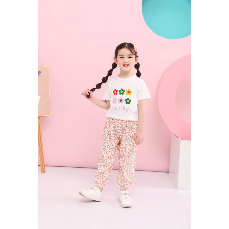 Áo thun cotton trẻ em cho bé nữ Bông hoa in lỏng tay áo ngắn