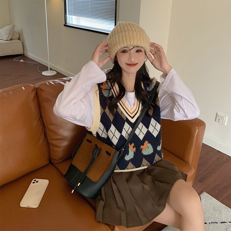 Áo Dệt Kim Cổ Chữ V Dáng Rộng Phong Cách Học Sinh Thời Trang Mới Cho Nữ