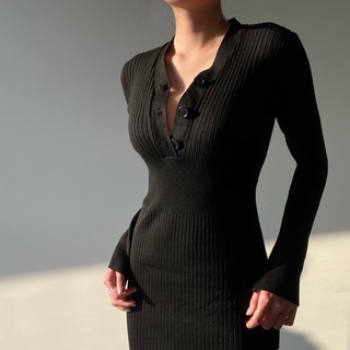 (ẢNH THẬT) Đầm len body cổ V