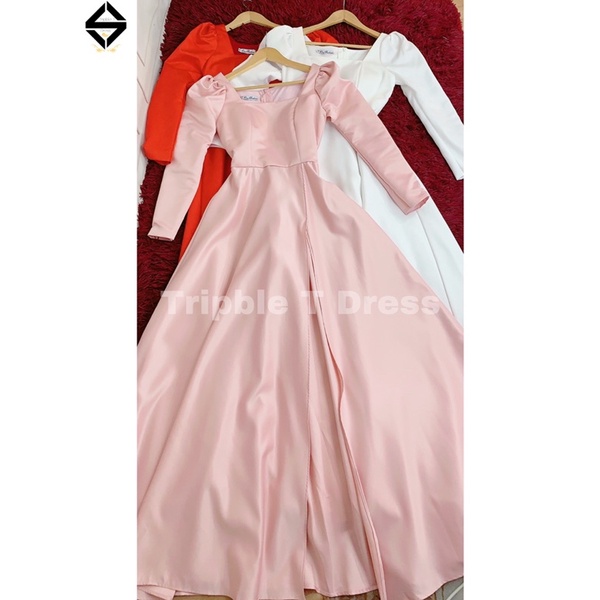 Đầm maxi dự tiệc mặc cưới xẻ đùi tay dài cổ vuông TRIPBLE T DRESS-Size S/M/L- MS284V