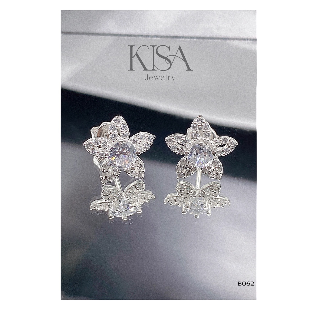 Bông Tai Bạc  Bạc Ý, đính đá CZ, hình hoa 5 cánh siêu đẹp B062