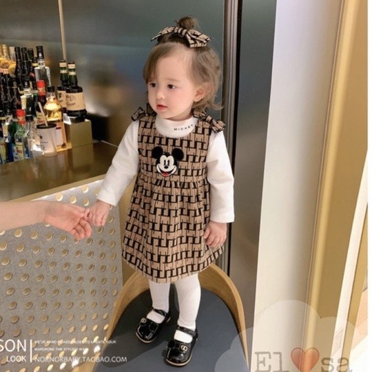 Váy nhung micky đeo nơ kèm áo cotton 4 chiều cho bé 1-5 tuổi