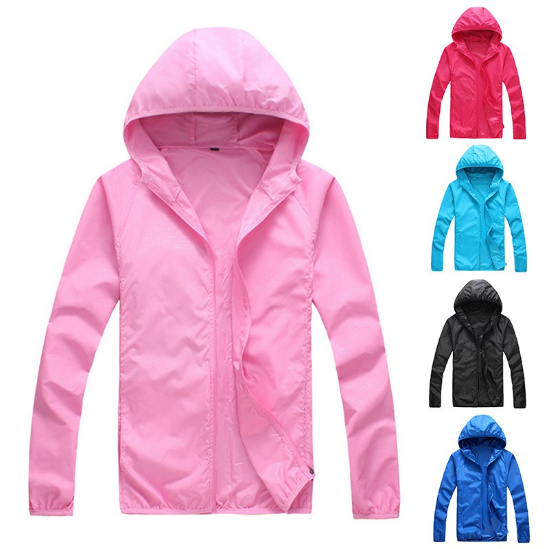 Mens Womens Hooded Rain Coat Sports Waterproof Windproof Jacket Solid Color