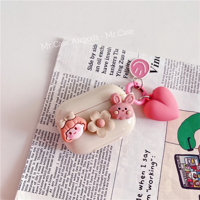 Case Airpods 1/2 /Pro Vỏ Ốp Tai Nghe Hình Nổi Ticker Dẻo Kèm Móc Khoá Tim Xinh - Mr.Case AirPods