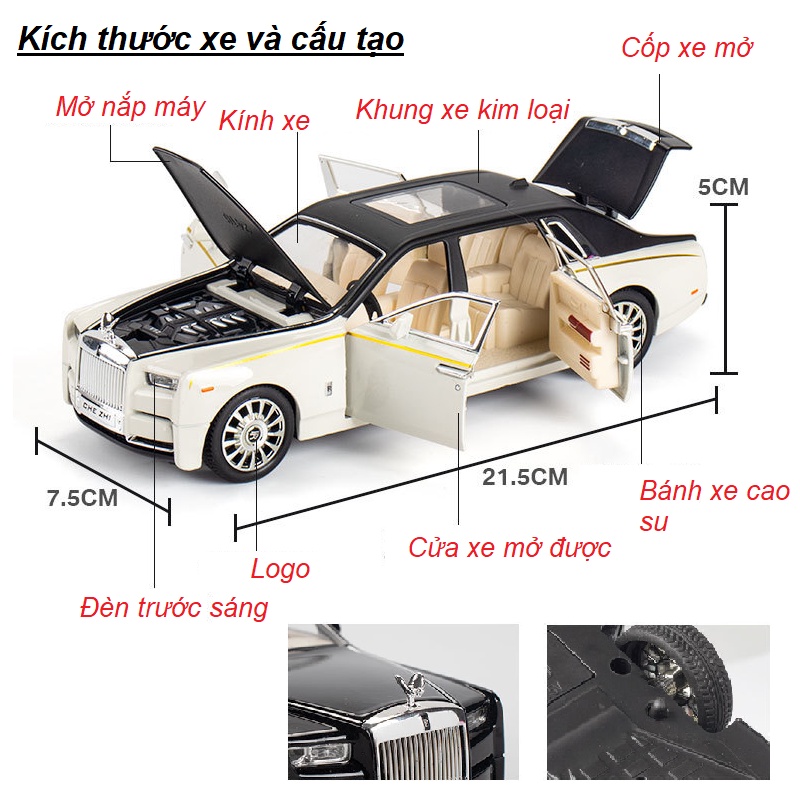 Mô hình xe ô tô Rolls- Royce Phantom tỉ lệ 1:24 hãng Che Zhi đồ chơi trẻ em bằng kim loại có âm thanh và đèn mở được cửa