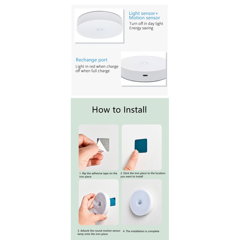 Đèn ngủLicer cảm ứng chuyển động không dây sạc USB hai chế độ sáng dán tường nhà bếp/ tủ quần áo