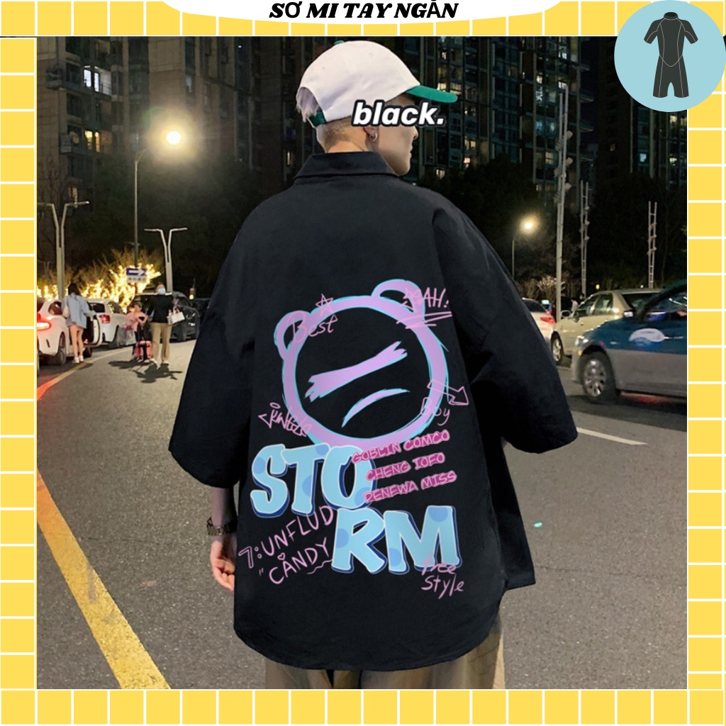 Sơ mi hàn quốc unisex from rộng nam nữ , sơ mi nam nữ vải voan lụa mịn mát free size 40kg - 70kg in gấu storm