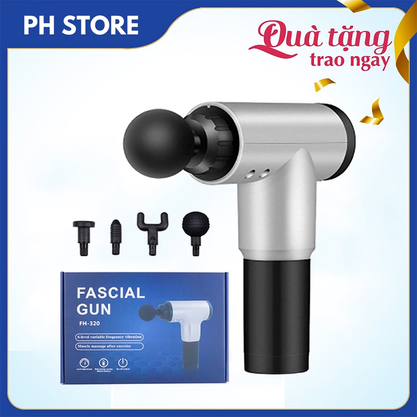 Súng massage cơ cầm tay Fascial Gun, có 4 đầu và 6 chế độ massage tiện dụng, công suất 135W, dung lượng pin 2500 mAh