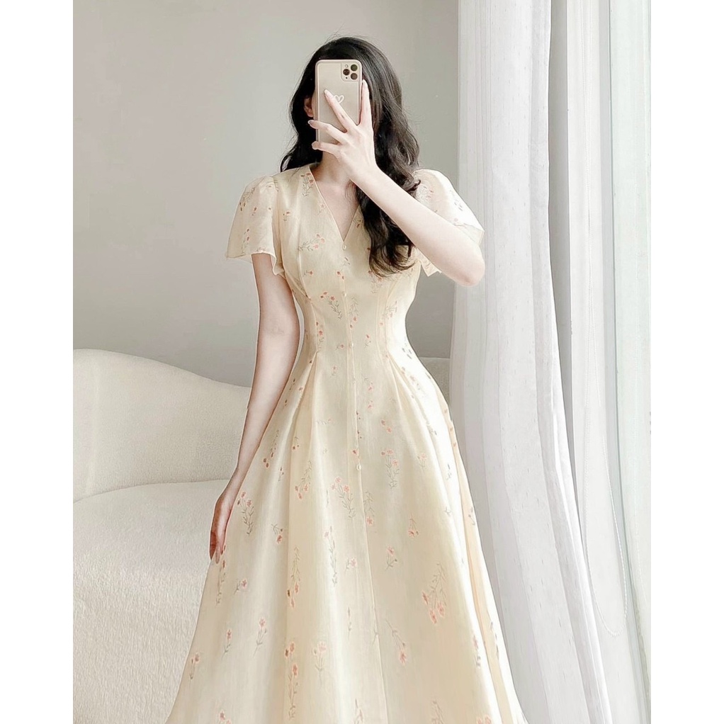Đầm maxi hoa oganza cổ V