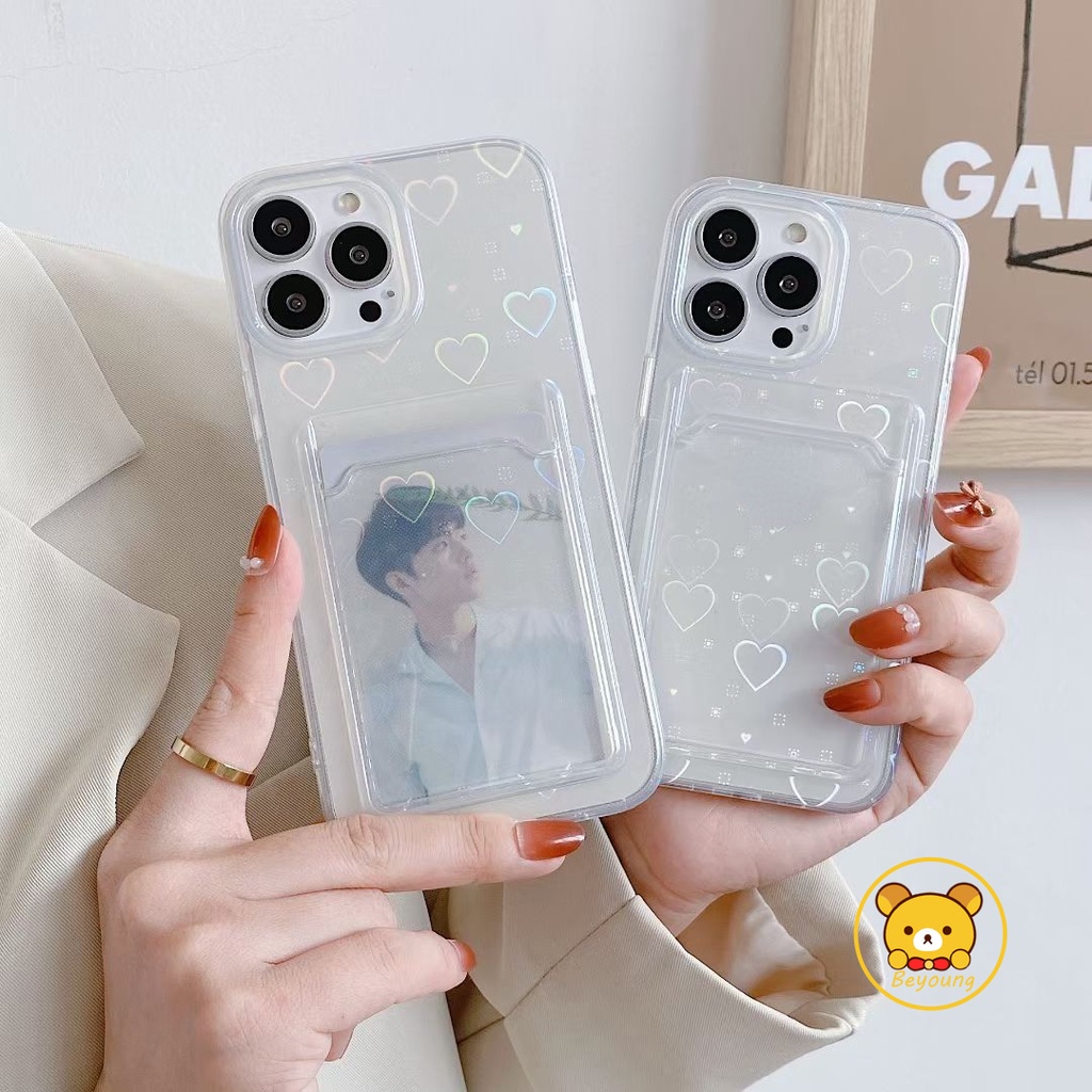 Ốp Điện Thoại Silicon Màu Laser Trong Suốt Họa Tiết Trái Tim Kèm Ngăn Đựng Thẻ Cho iPhone 11 13 12 Pro Max XS X XR 7 8 Plus