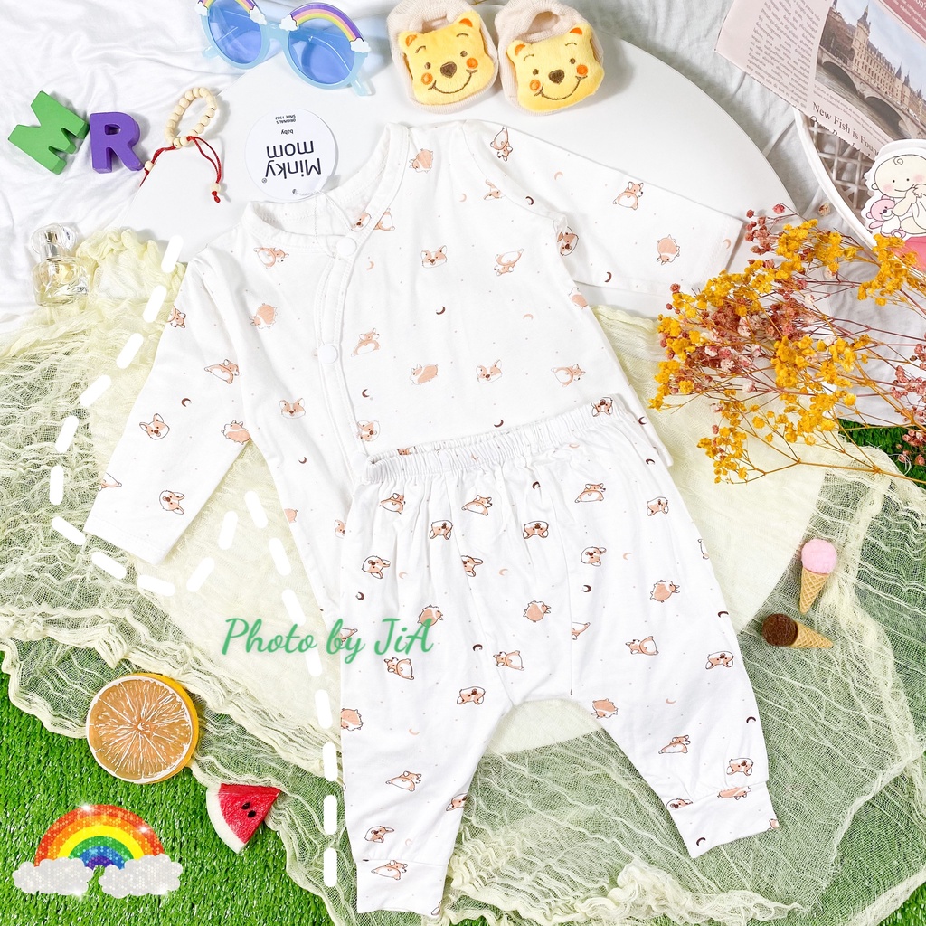 [Bé 5-15kg] Bộ Dài Tay Sơ Sinh Thun Lạnh Quần Đắp Đũng Mặc Tả, Nút Cài Chéo, In Toàn Thân Cho Bé Trai Bé Gái