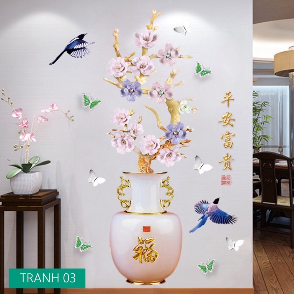 Decal Dán Tường 3D Tranh Decor Trang Trí Nhà Bình Hoa Sang Trọng Khổ Lớn