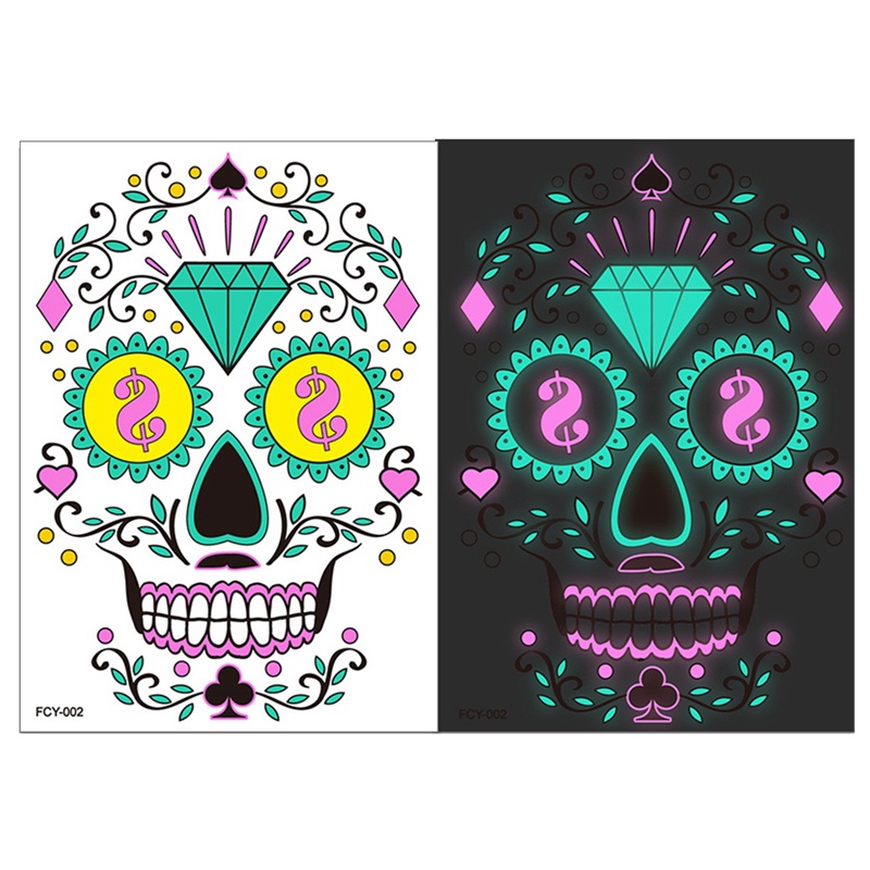 Ygt 1 Miếng Dán Hình Xăm Tạm Thời Họa Tiết Đầu Lâu Dạ Quang Chống Thấm Nước Trang Điểm Mặt Ngày Halloween