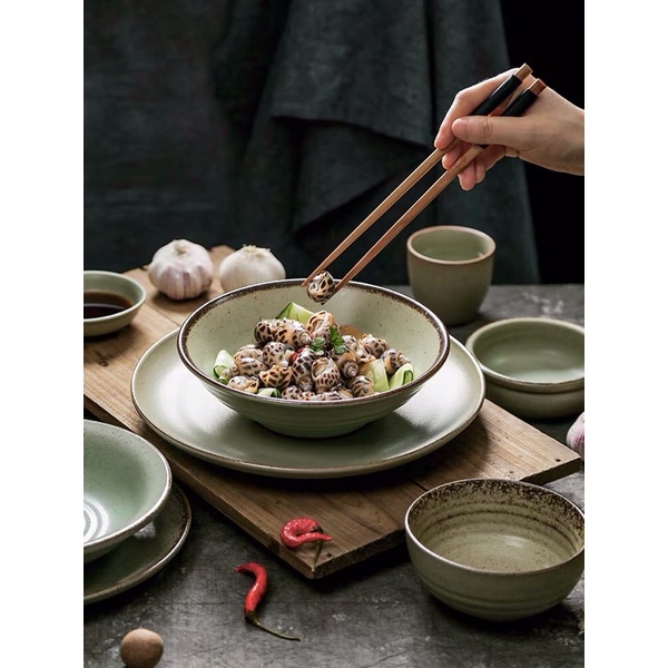 Bộ bát đĩa lẻ xanh nhám rustic Nhật Bản - Bộ gốm Nhật cổ cao cấp