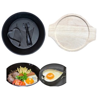 Bộ Chảo Gang Đường Kính 24CM Kèm Dụng Cụ Gấp Chống Nóng, Khuôn Chiên Trứng Và Đế Gỗ