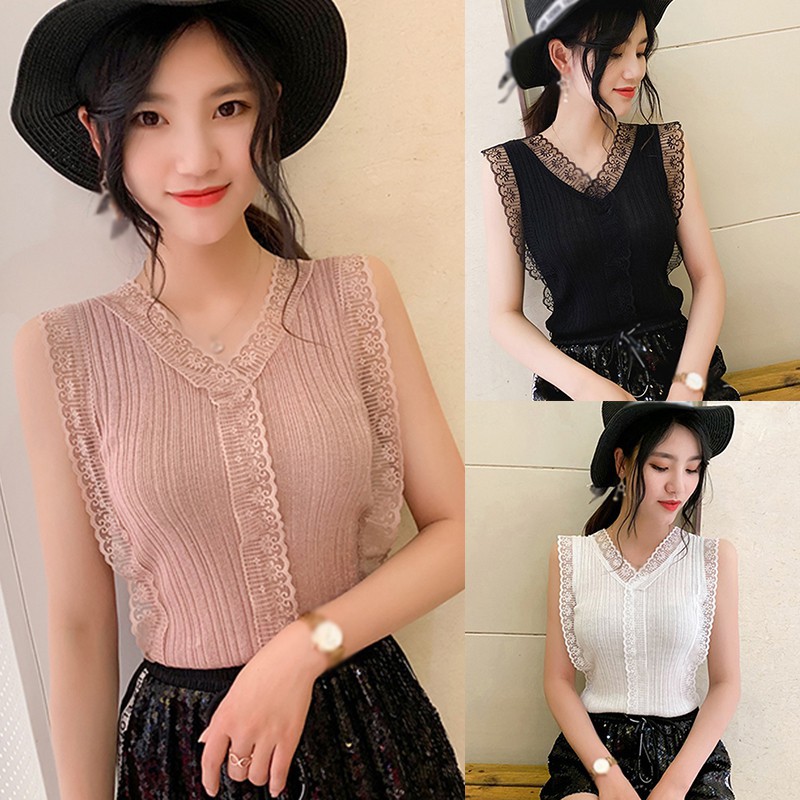 Women Casual Sleeveless Lace Knitted Splice Tops V Neck Hollow Out Pullover Vest | BigBuy360 - bigbuy360.vn