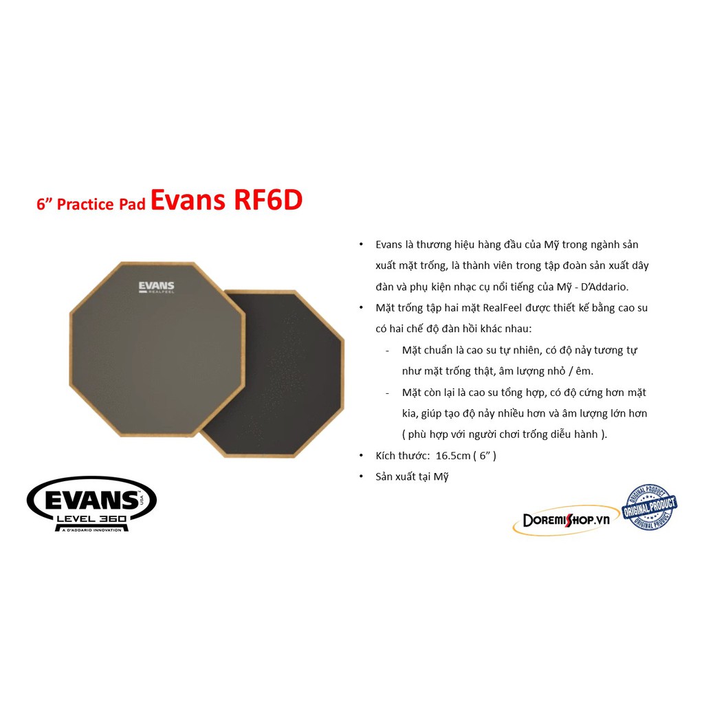Mặt trống tập cao su Evans Practice pad RF6D RF12D
