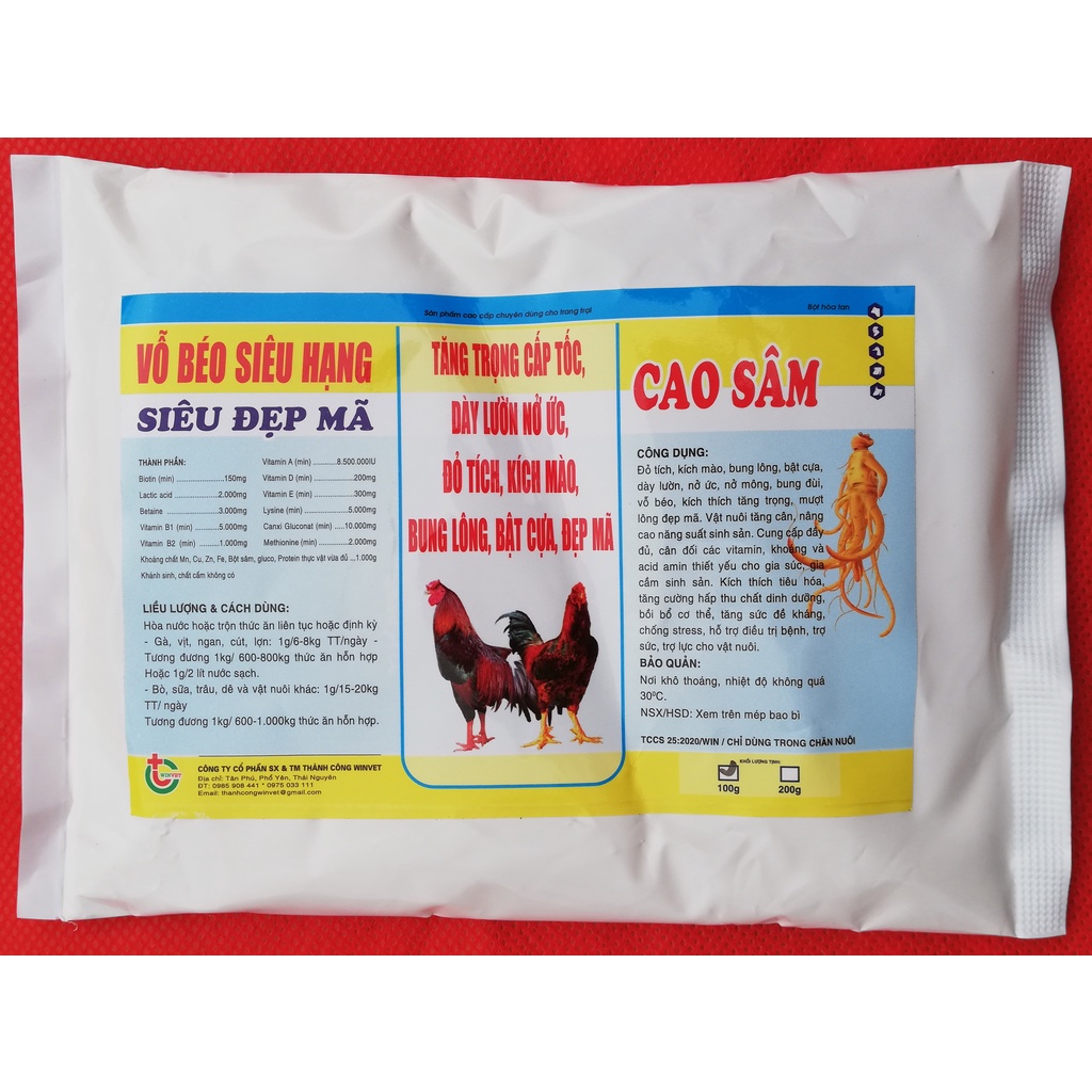 1 gói 100g Vỗ béo siêu hạng, siêu tăng trọng cấp tốc, dầy lườn nở ức, đỏ tích, kích mào, bung lông, bật cựa, đẹp mã