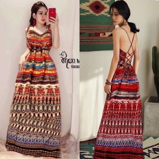 Đầm maxi thổ cẩm dây lưng