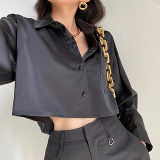 Siêu Họa Tiết Đơn Giản Niche Thiết Kế Satin Nữ Dài Tay Áo Sơ Mi Pháp Retro Thời Trang Sang Trọng Rời Rốn Crop Bé Gái Áo Sơ Mi Ngắn Ve Áo Nhỏ Satin Không Đều Trước Ngắn Lưng Dài Bé Gái Top Châu Âu Phong Cách Mỹ Áo Sơ Mi Đen
