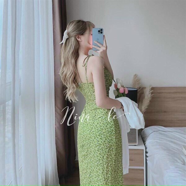 Sét Đầm Váy Nữ Body Chất Lụa Hoa 2 Dây Xẻ Tà  Kèm Áo Khoác Ngoài Thun Gân Tay Dài