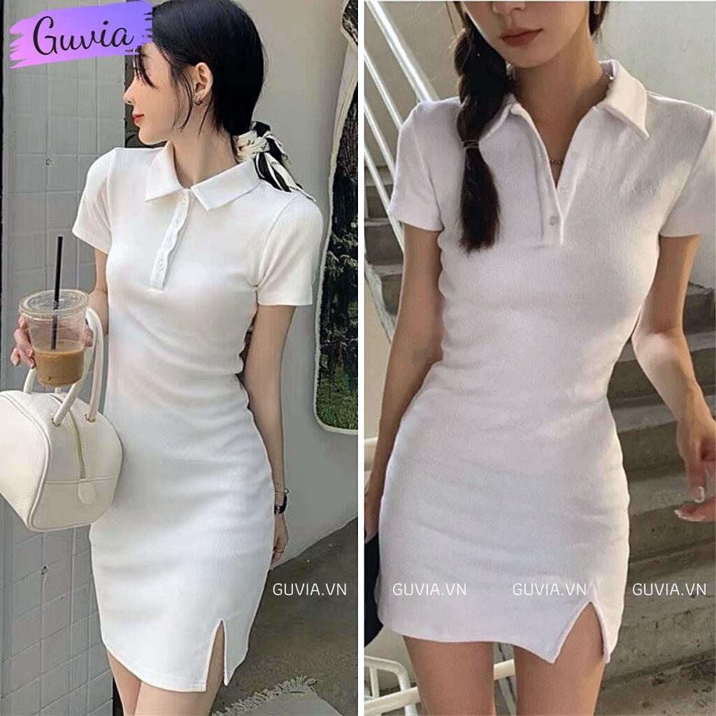 Váy Body Cổ Polo Xẻ Trước Chất Thun Gân Tăm, Đầm Ôm Sexy GUVIA