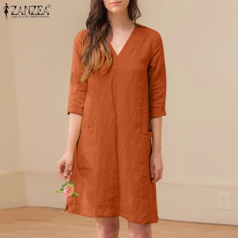 Đầm chữ A ZANZEA cổ chữ V nữ tính thời trang