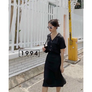 SET ÁO CROP ĐEN CỔ BẺ  + CHÂN VÁY  MIDI