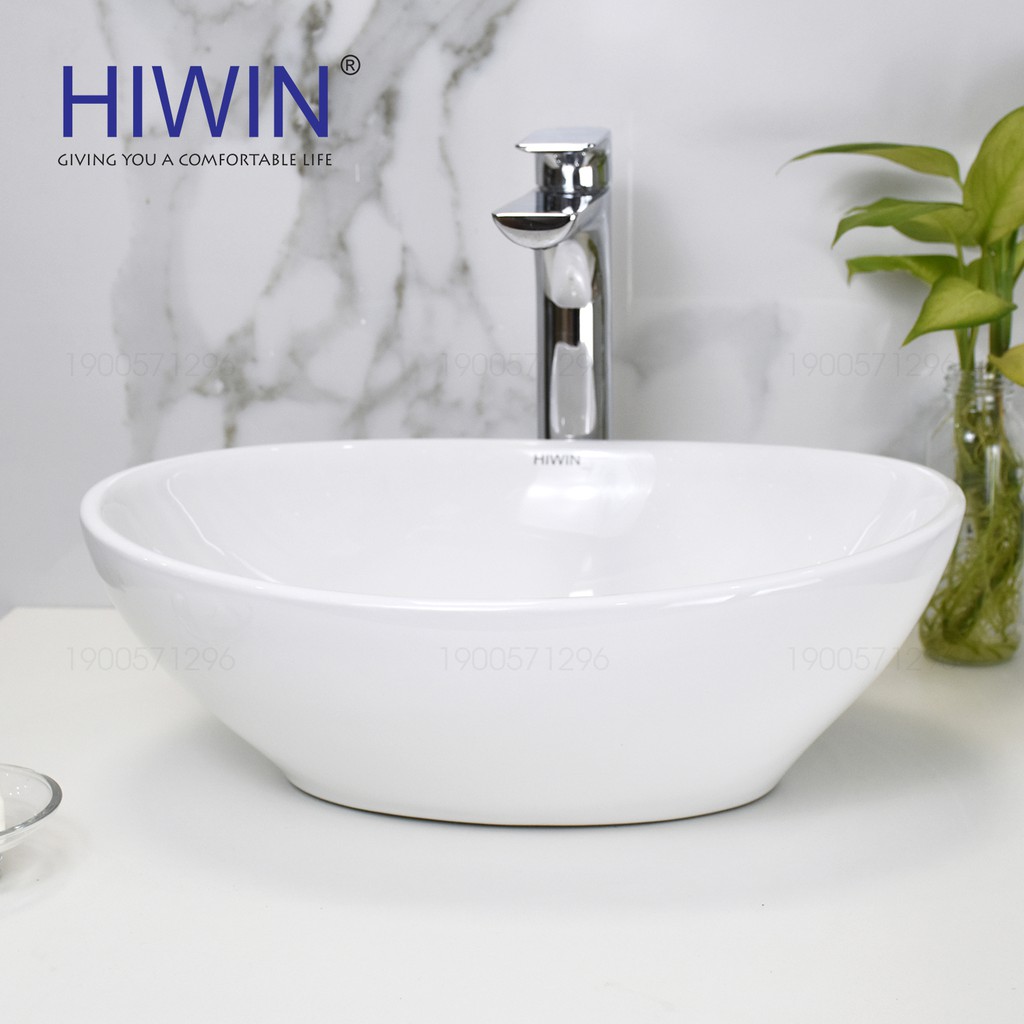 Chậu lavabo rửa mặt trắng sứ dáng elip độc đáo Hiwin LP-8020