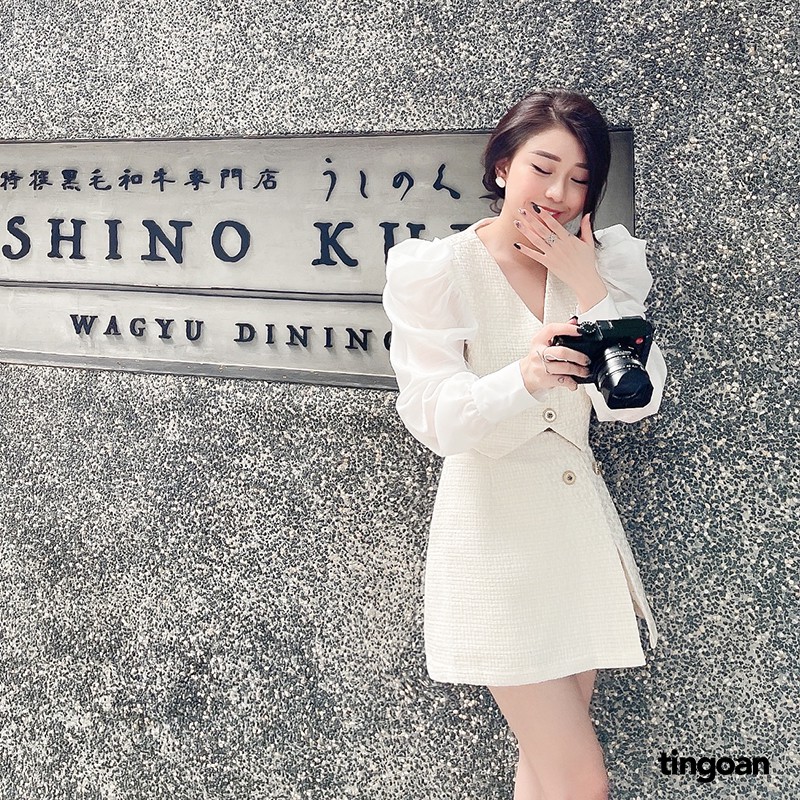 Áo tweed croptop dài tay phối ozganza trắng vai bồng nude tingoan IN PARIS TWEED TOP/WH | BigBuy360 - bigbuy360.vn