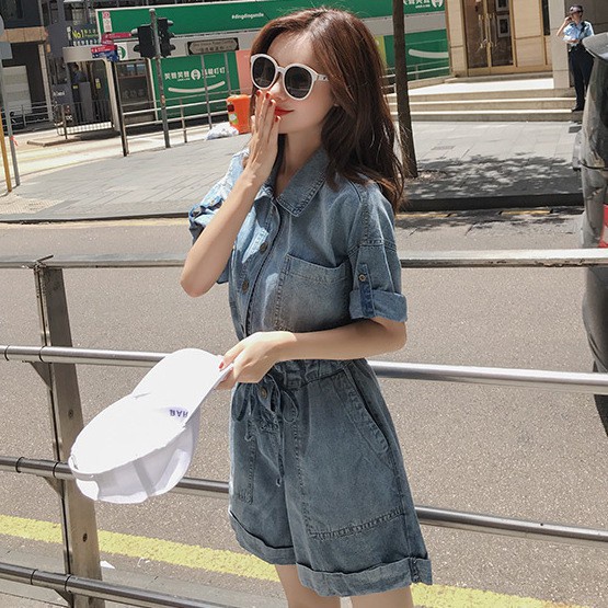 Áo liền quần/đầm vải denim lưng cao thiết kế dáng rộng thời trang cho nữ