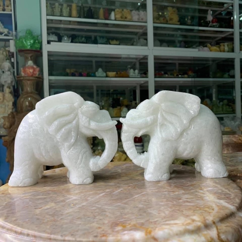Cặp Voi Phong Thuỷ Đá Cẩm Thạch Trắng - dài 16cm