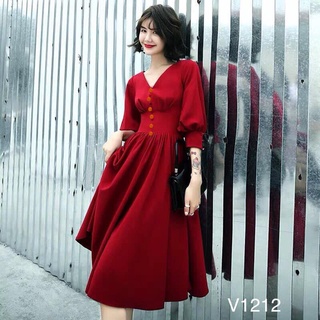 ĐẦM XÒE CỔ V PHỐI NÚT NANA