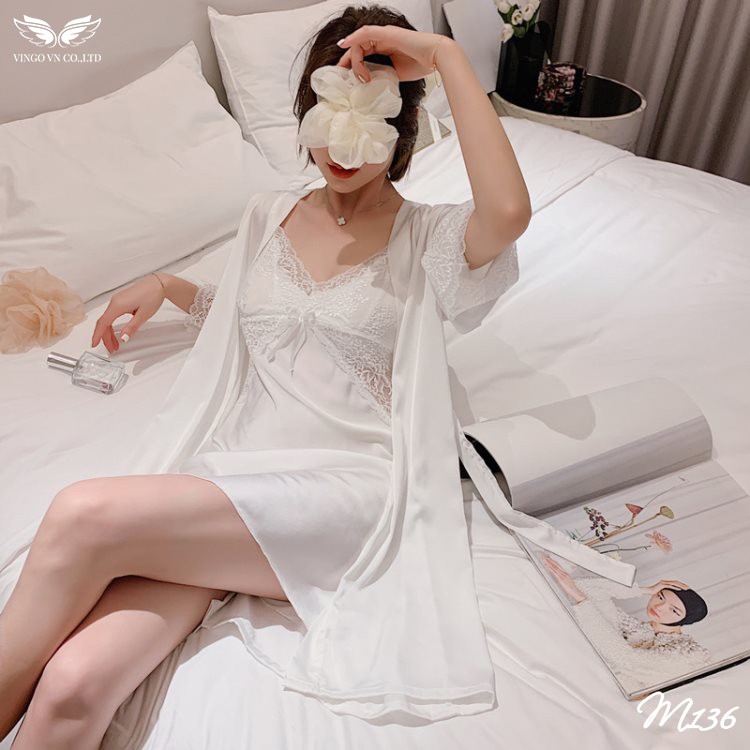 Set Áo Choàng Lụa Kèm Váy Ngủ 2 Dây VINGO Kiểu Tay Lỡ Cao Cấp Phối Ren Gợi Cảm Sexy M136 VNGO