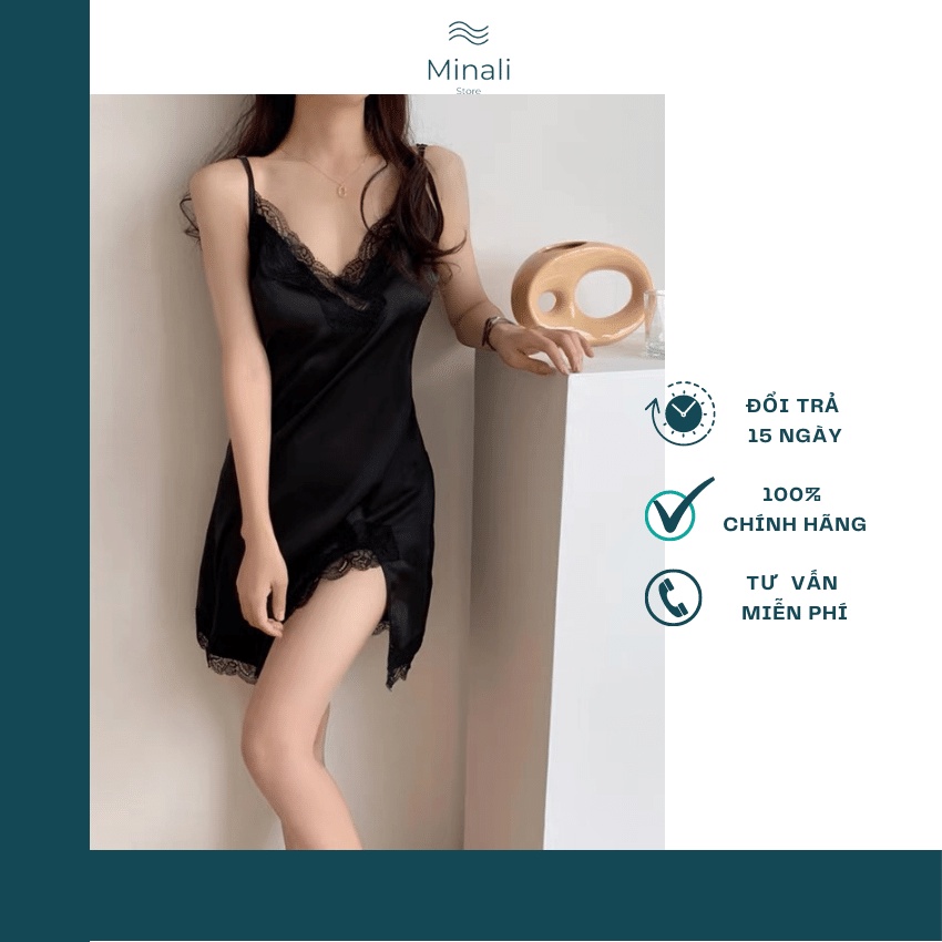 Váy ngủ 2dây mặc ở nhà cho nữ sexy Minali Store VN01,Váy ngủ lụa cao cấp phối ren gợi cảm