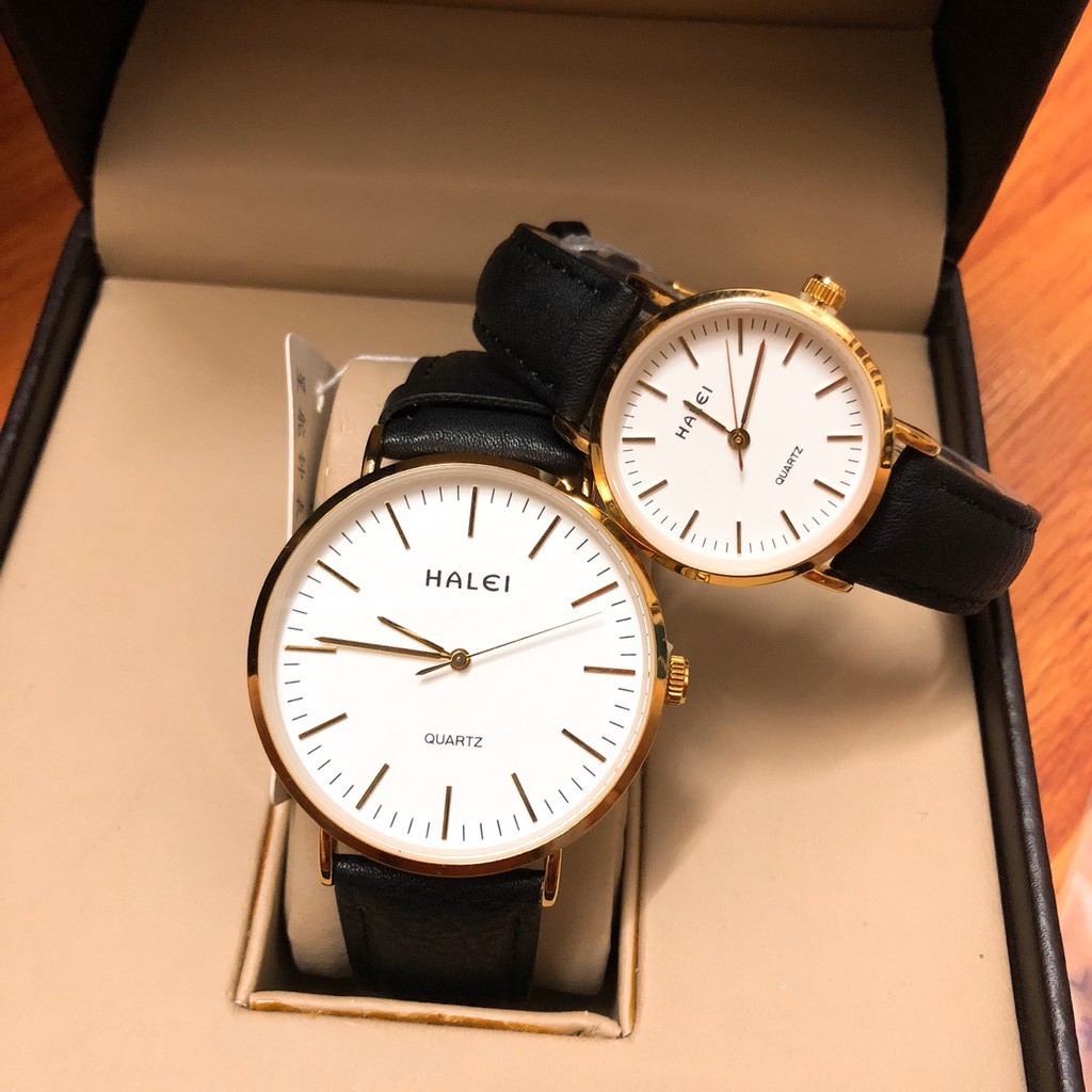 Đồng hồ đôi Halei nam nữ dây da mặt vạch Tặng Hộp Tặng 2 Pin Dự Phòng