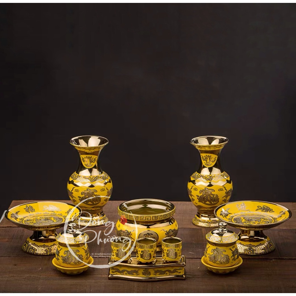 Bộ Đồ Thờ Cúng - Set Đồ Thờ Sứ Trắng Vàng Hoa Văn Rồng 3D cao cấp