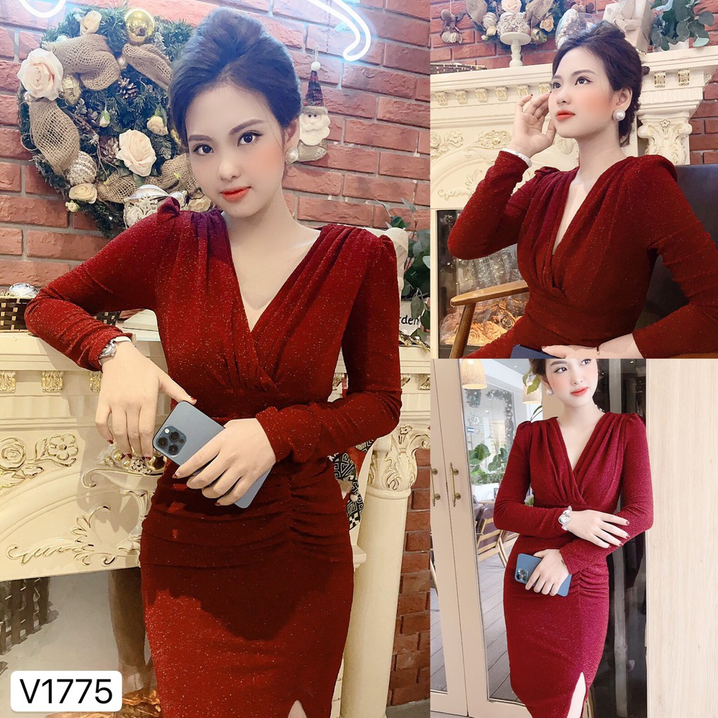 Váy đỏ body nhũ xẻ đùi V1775 - Đẹp Shop DVC - Kèm ảnh thật trải sàn do shop tự chụp